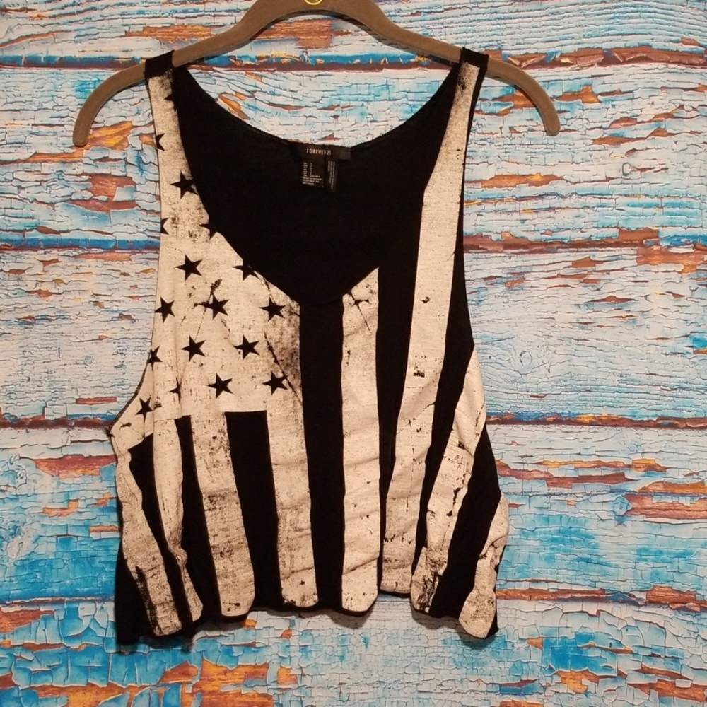Black Distressed American Flag Crop Top